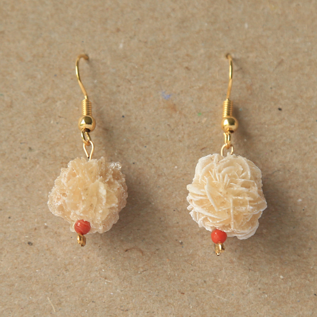 Earrings with Red Agate + Natural Selenite Desert Rose, Raw Organic