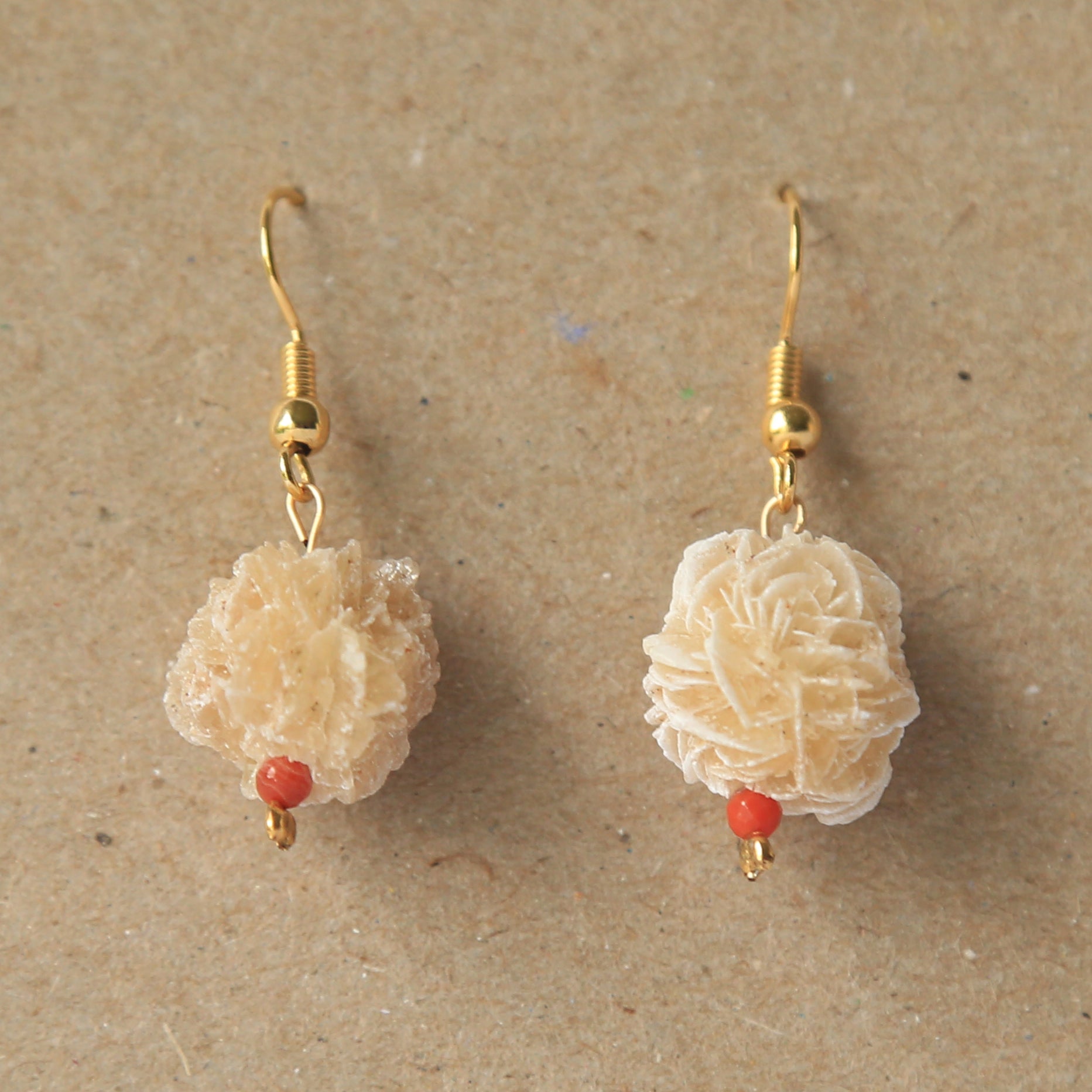 Earrings with Red Agate + Natural Selenite Desert Rose, Raw Organic