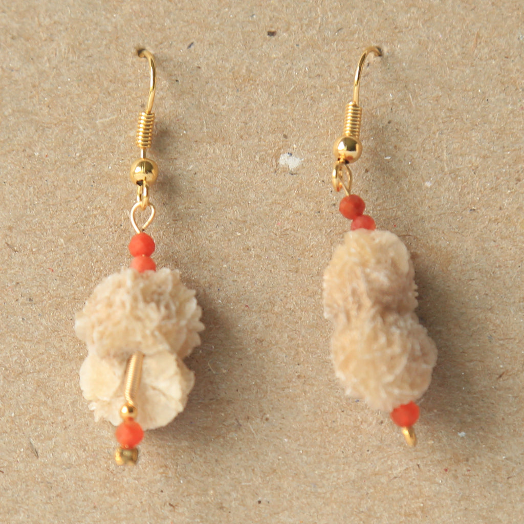Earrings with Red Agate + Natural Selenite Desert Rose, Raw Organic
