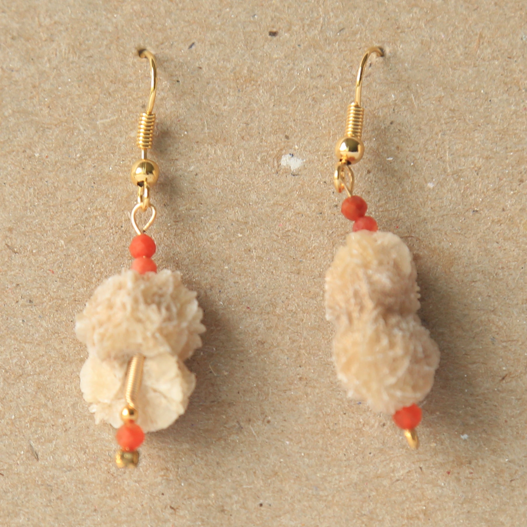 Earrings with Red Agate + Natural Selenite Desert Rose, Raw Organic