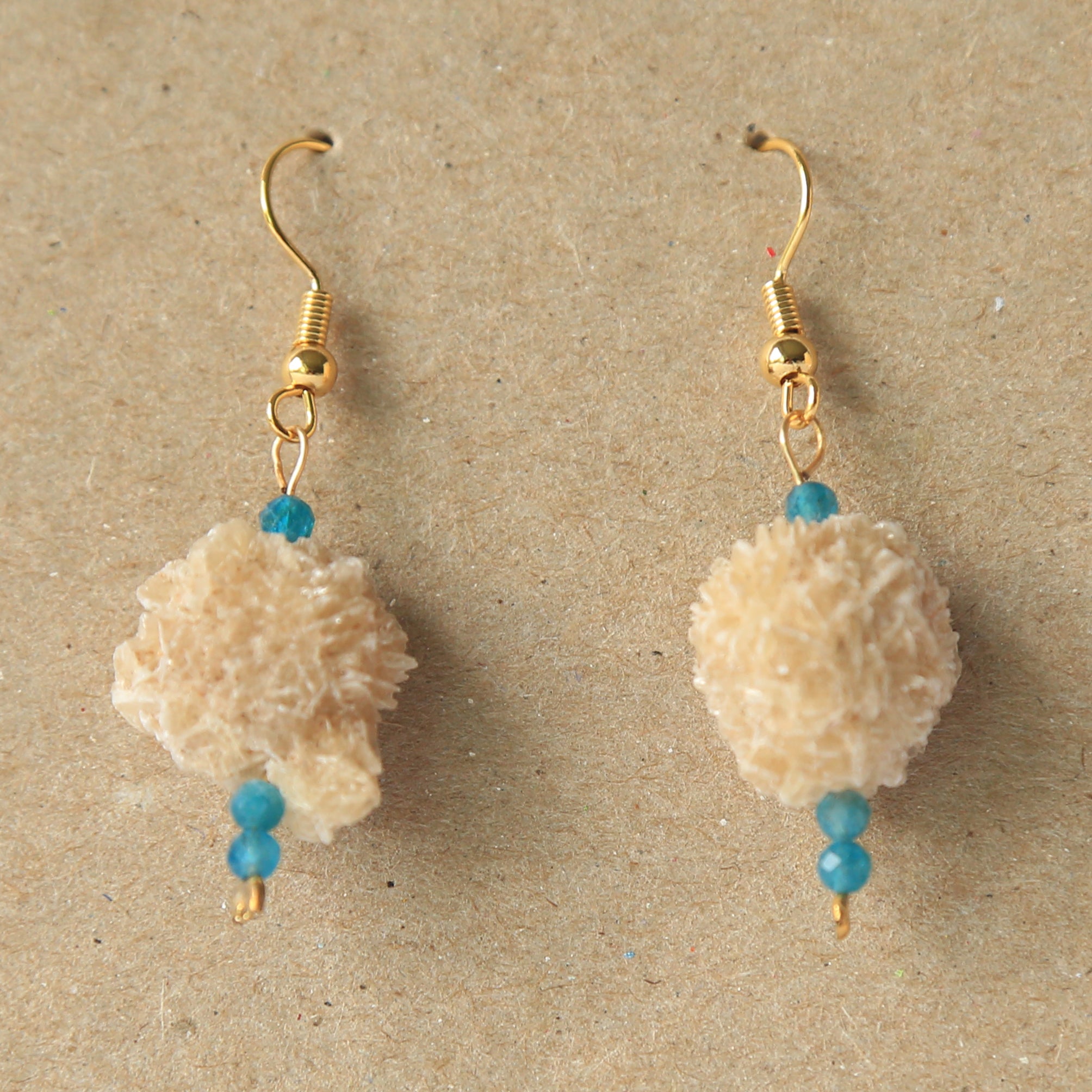 Earrings with Blue Apatite + Natural Selenite Desert Rose, Raw Organic