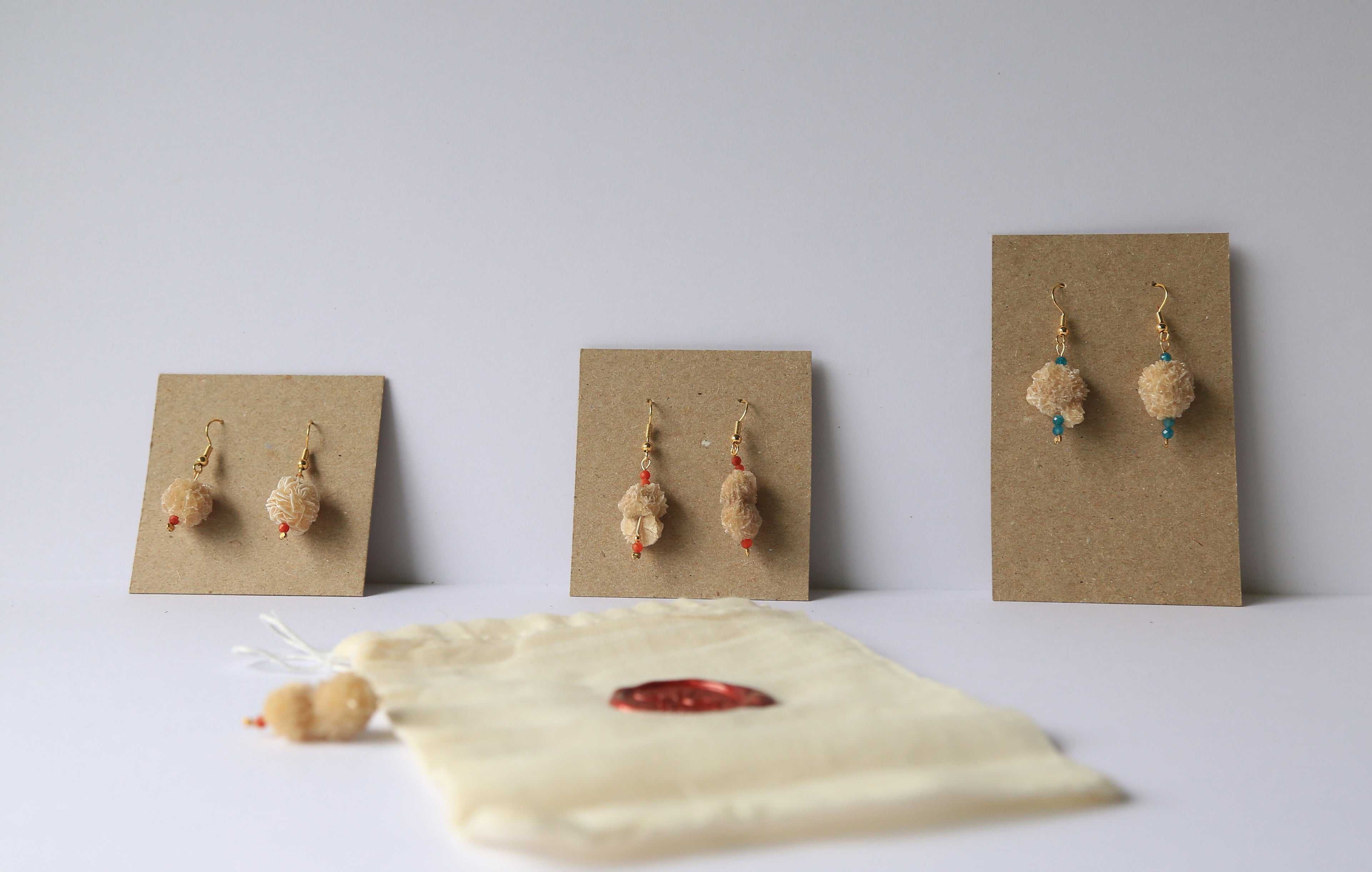 Earrings with Red Agate + Natural Selenite Desert Rose, Raw Organic