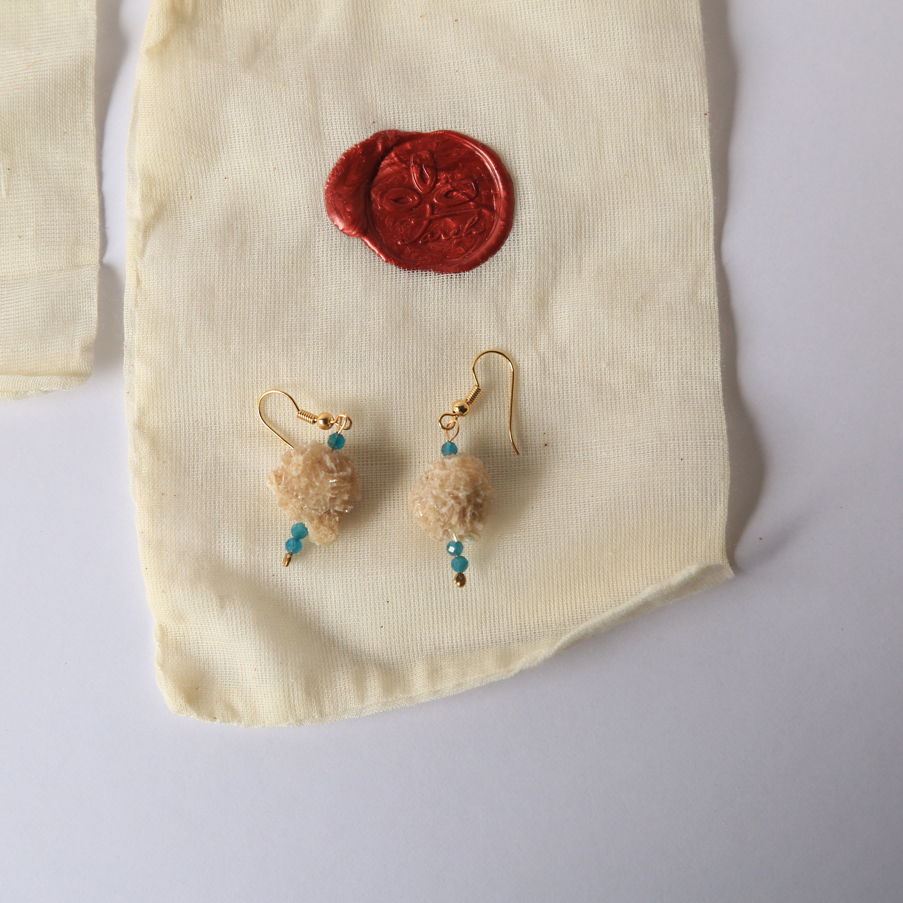 Earrings with Blue Apatite + Natural Selenite Desert Rose, Raw Organic