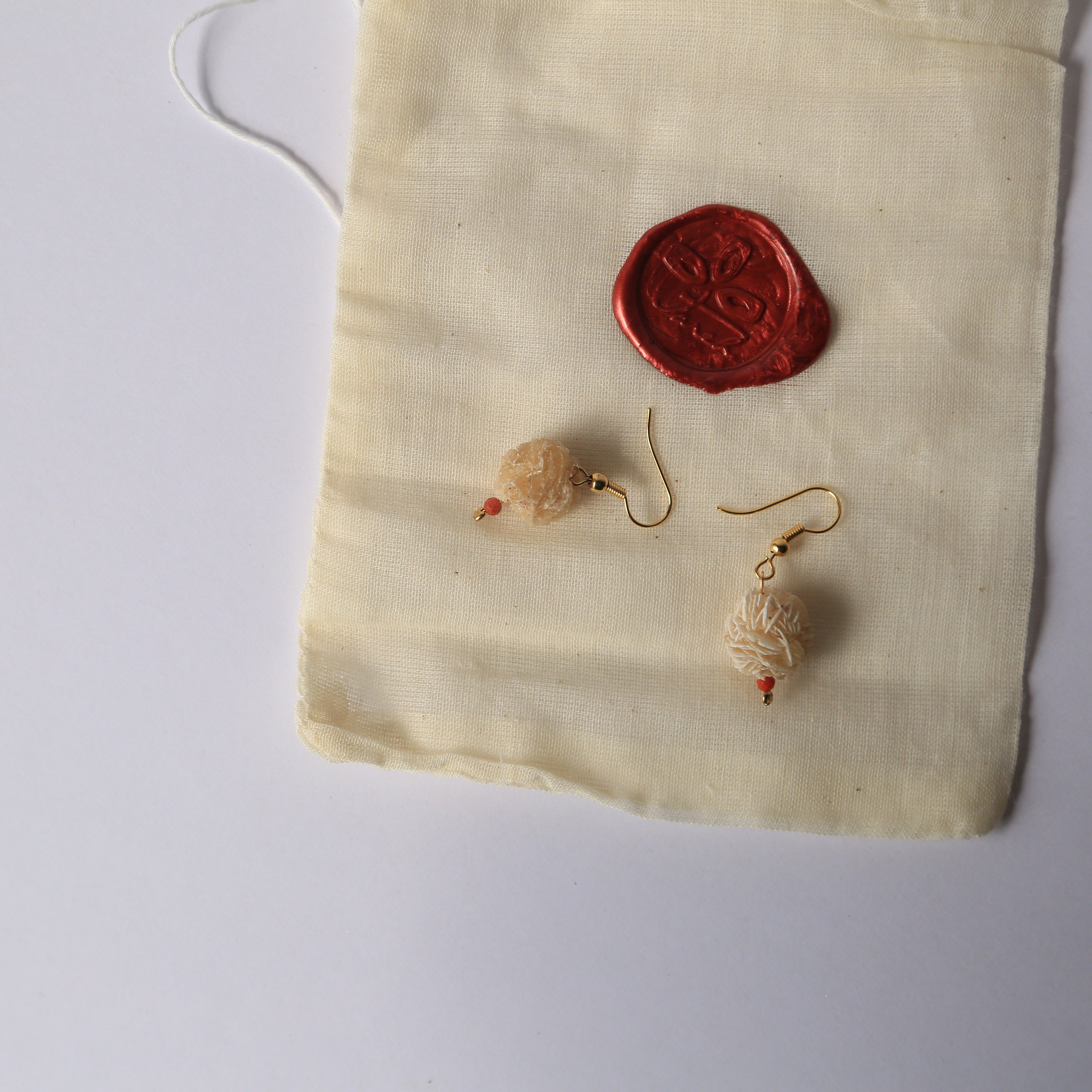 Earrings with Red Agate + Natural Selenite Desert Rose, Raw Organic