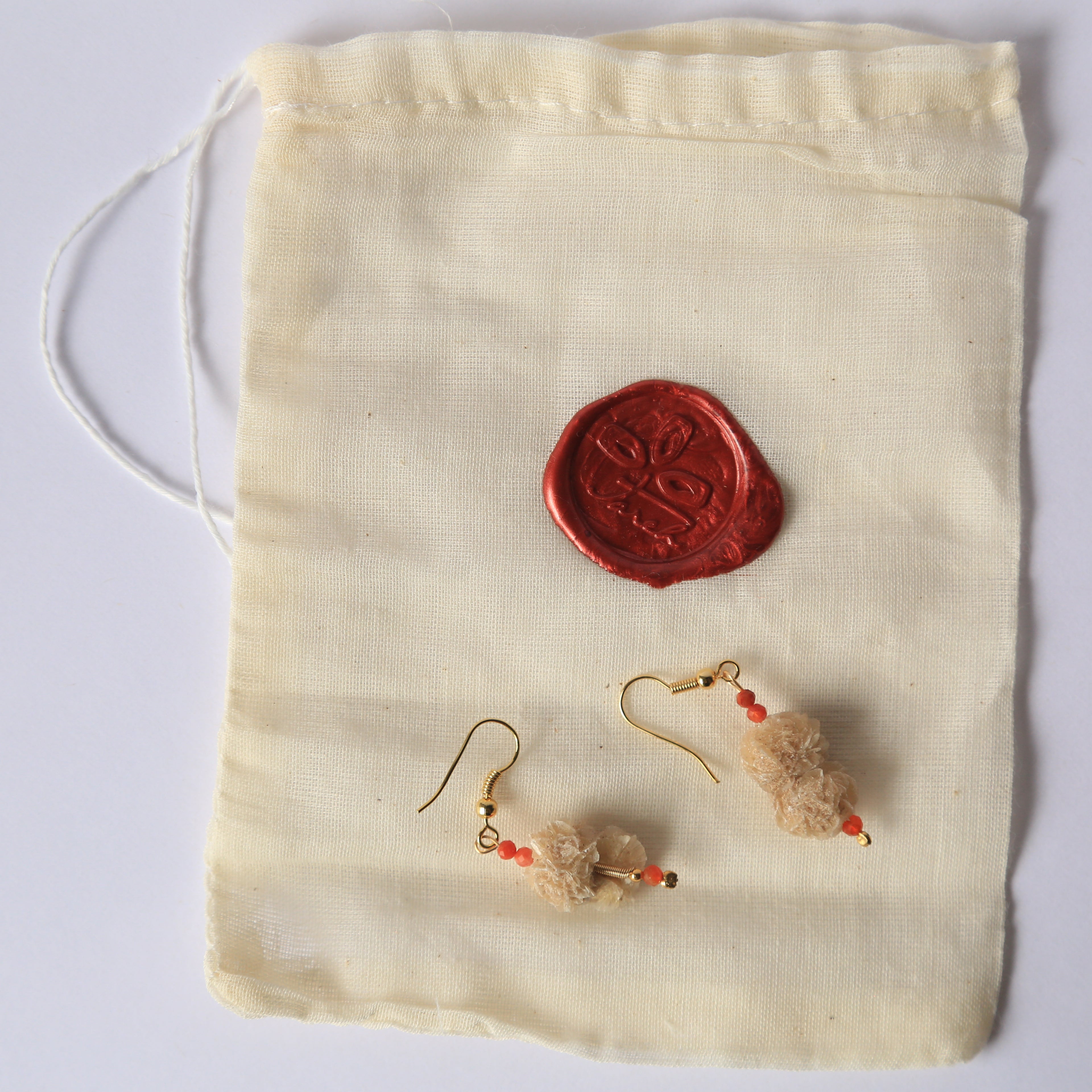 Earrings with Red Agate + Natural Selenite Desert Rose, Raw Organic