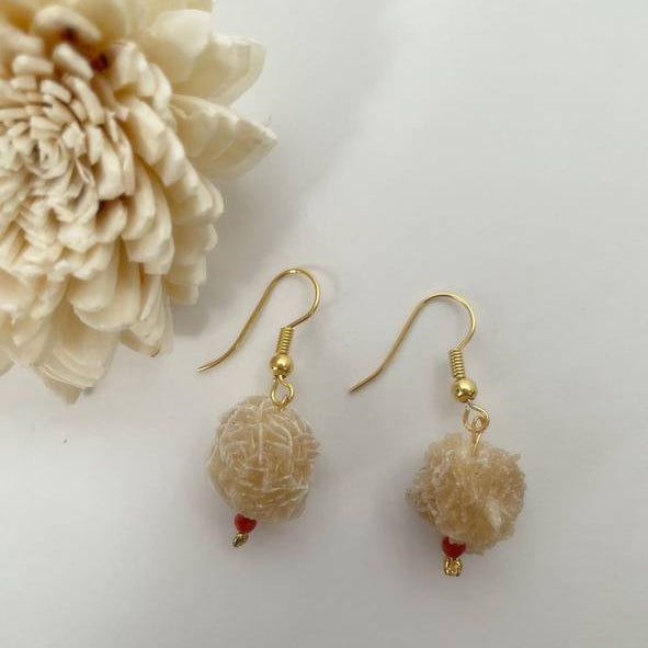 Earrings with Red Agate + Natural Selenite Desert Rose, Raw Organic