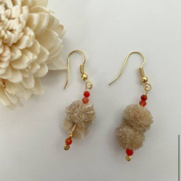 Earrings with Red Agate + Natural Selenite Desert Rose, Raw Organic